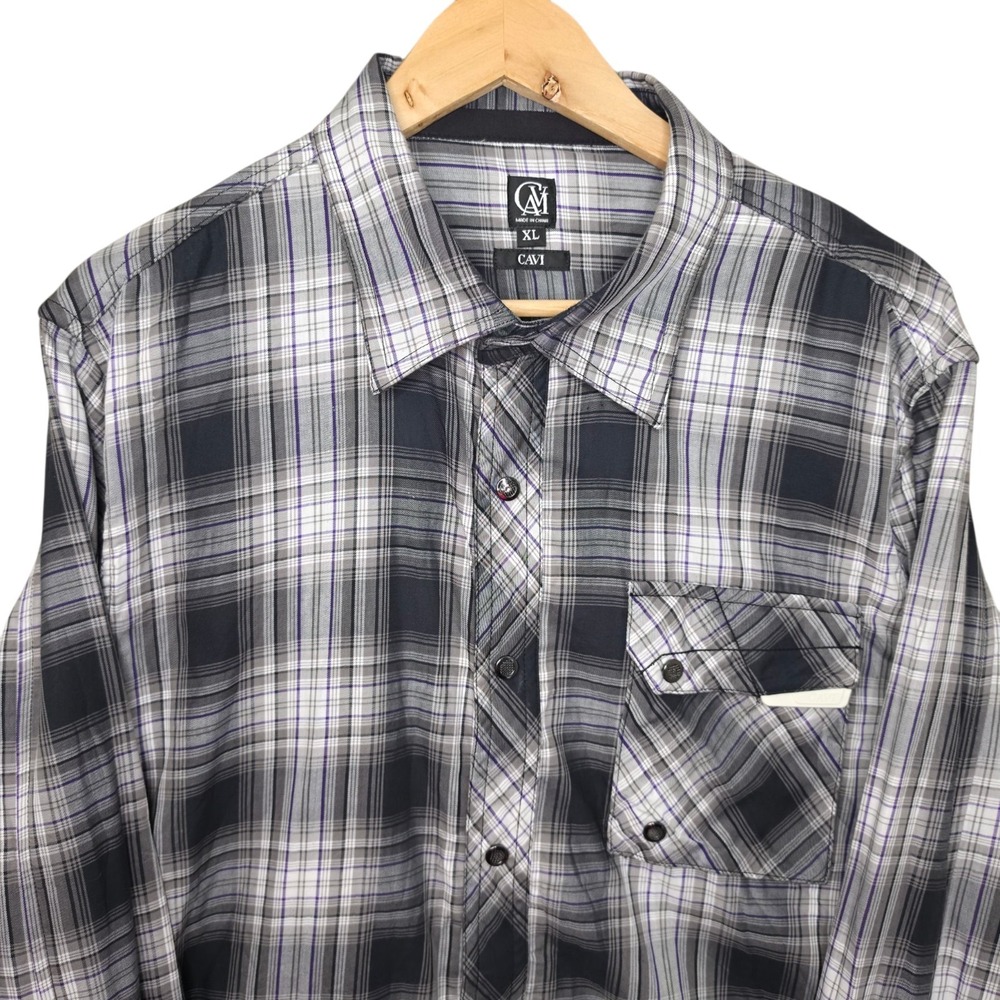 Cavi Shirt Mens XL Black Purple Plaid Button Up Snap Long Sleeve Pocket Casual - Picture 4 of 8